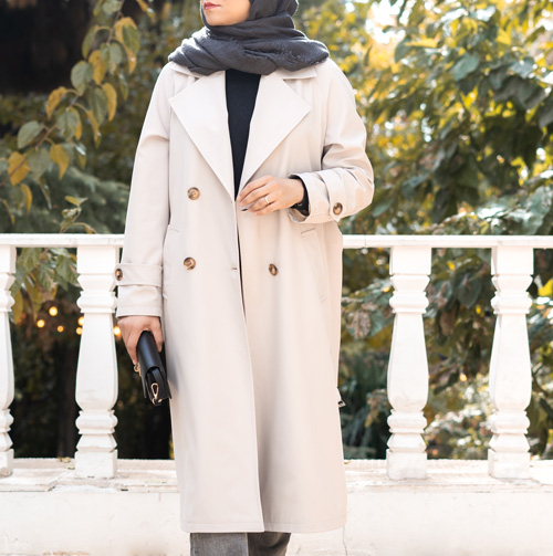 بارانی (ترنچ کت) بلند کرم کد A282، تصویر 2